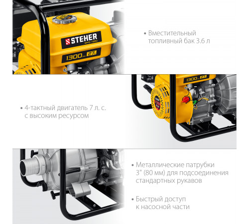 Мотопомпа бензиновая для грязной воды STEHER, WPD-1300, 1300 л/мин
