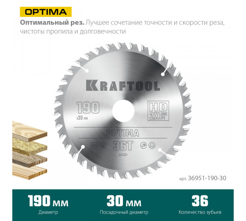 KRAFTOOL Optima 190х30мм 36Т, диск пильный по дереву