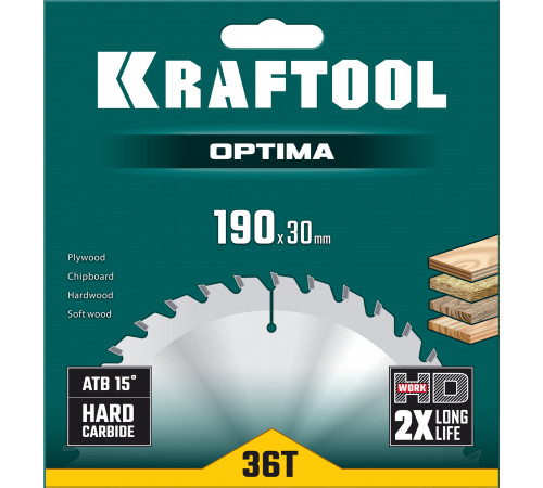 KRAFTOOL Optima 190х30мм 36Т, диск пильный по дереву