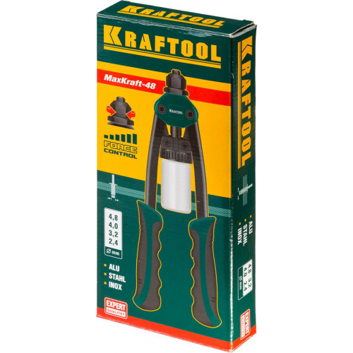 Заклепочник двуручный силовой компактный, KRAFTOOL ″MaxKraft-48″ 31161, для заклёпок d=2,4-4,8 мм из Al, стали, нерж стали, усил литой корпус