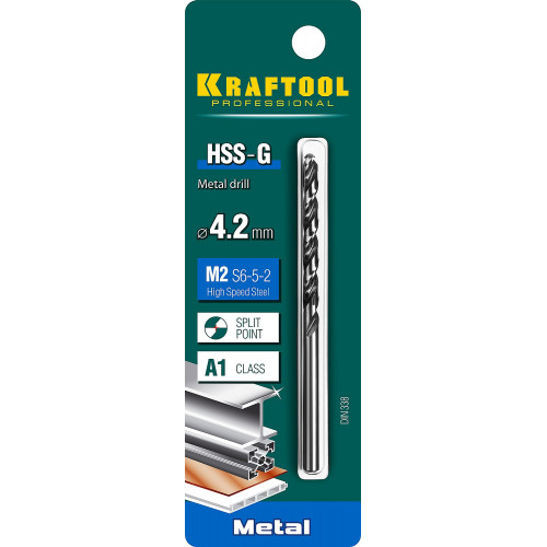 KRAFTOOL HSS-G 4.2 х75мм, Сверло по металлу HSS-G, сталь М2(S6-5-2)