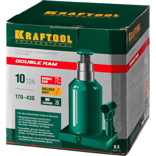 KRAFTOOL DOUBLE RAM 10т 170-430мм домкрат двухштоковый бутылочный с увеличенным подъемом, KRAFT BODY