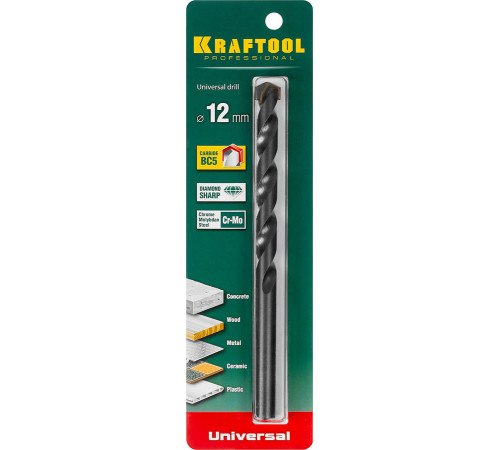 KRAFTOOL UNIVERSAL 12 х 160 мм сверло универсальное по металлу, бетону, кирпичу, керамике PROFESSIONAL