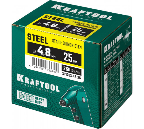 Стальные заклепки Steel, 4.8 х 25 мм, 250 шт, KRAFTOOL