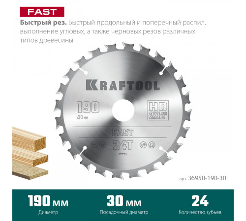 KRAFTOOL Fast 190х30мм 24Т, диск пильный по дереву