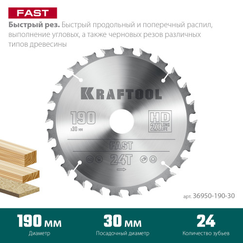 KRAFTOOL Fast 190х30мм 24Т, диск пильный по дереву