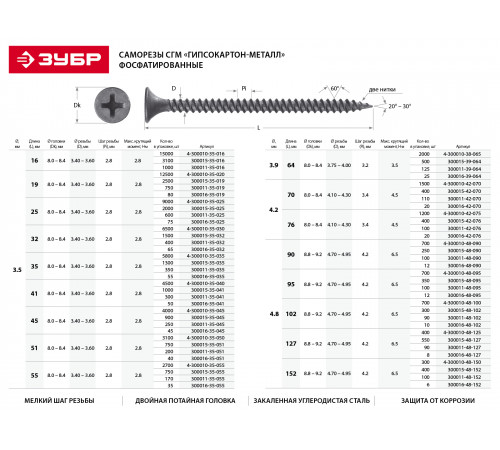 Саморезы СГМ гипсокартон-металл, 41 х 3.5 мм, 300 шт, фосфатированные, ЗУБР Профессионал