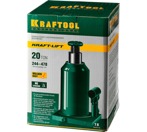 KRAFTOOL KRAFT-LIFT 20т, 244-449мм домкрат бутылочный гидравлический, KRAFT BODY