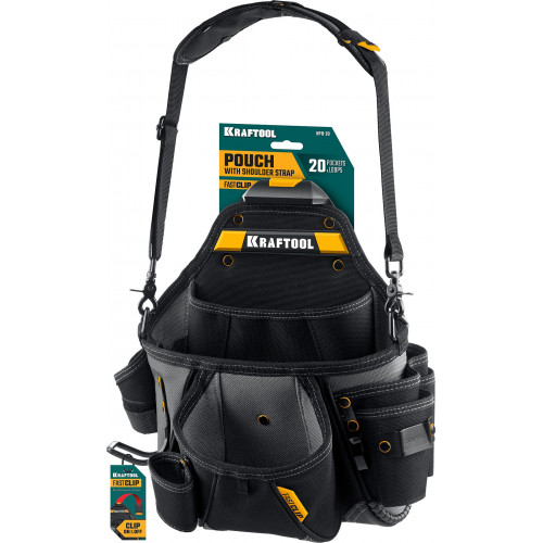 KRAFTOOL KPB-20 с быстросъёмным креплением FastClip, плечевой ремень, 20 карманов и петель, 320 х 310 мм, поясная сумка (38767)