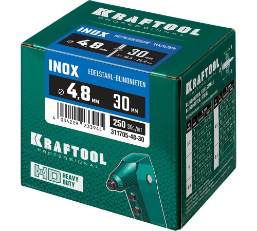 Нержавеющие заклепки Inox, 4.8 х 30 мм, 250 шт, KRAFTOOL