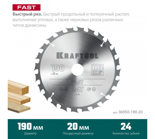 KRAFTOOL Fast 190х20мм 24Т, диск пильный по дереву