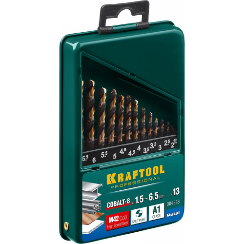 KRAFTOOL COBALT 13шт(1.5-6.5мм), Набор сверл по металлу HSS-Co(8%), сталь М42(S2-10-1-8)