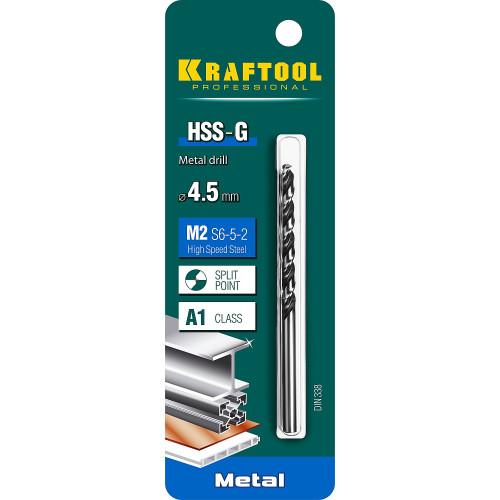 KRAFTOOL HSS-G 4.5 х80мм, Сверло по металлу HSS-G, сталь М2(S6-5-2)