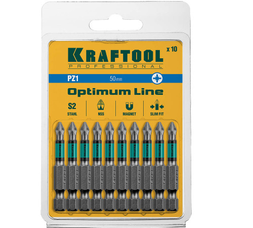 Optimum Line Биты, PZ1, 50 мм, тип хвостовика E 1/4″, 10 шт в блистере, KRAFTOOL