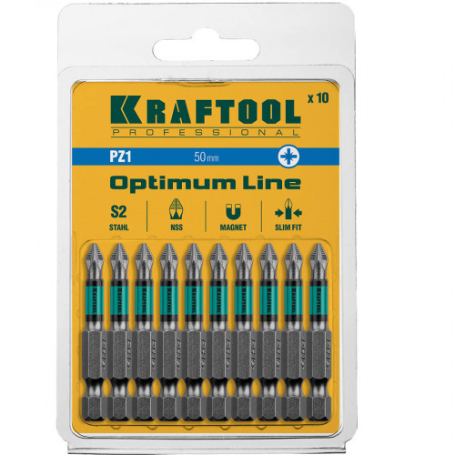 Optimum Line Биты, PZ1, 50 мм, тип хвостовика E 1/4″, 10 шт в блистере, KRAFTOOL