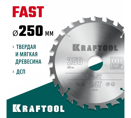 KRAFTOOL Fast 250х30мм 24Т, диск пильный по дереву