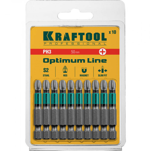 Optimum Line Биты, PH3, 50 мм, тип хвостовика E 1/4″, 10 шт в блистере, KRAFTOOL