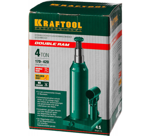 KRAFTOOL DOUBLE RAM 4т 170-420мм домкрат двухштоковый бутылочный с увеличенным подъемом, KRAFT BODY