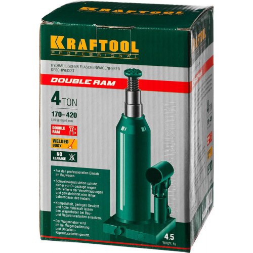 KRAFTOOL DOUBLE RAM 4т 170-420мм домкрат двухштоковый бутылочный с увеличенным подъемом, KRAFT BODY