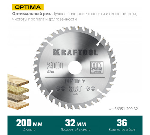 KRAFTOOL Optima 200х32мм 36Т, диск пильный по дереву