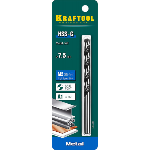 KRAFTOOL HSS-G 7.5 х109мм, Сверло по металлу HSS-G, сталь М2(S6-5-2)