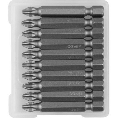 Биты ЗУБР ″Мастер″ кованые, хромомолибденовая сталь, тип хвостовика E 1/4″, PH2, 50мм, 10шт
