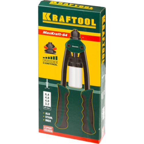 Заклепочник двуручный силовой компактный, KRAFTOOL ″MaxKraft-64″ 31160, для заклёпок d=3,2-6,4 мм из Al, стали, нерж стали, усил литой корпус