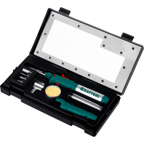 Газовый паяльник KRAFTOOL SolderPro 120K, набор 10-в-1, 30-120 Вт, горелка, фен, пьезоподжиг, 1300°С