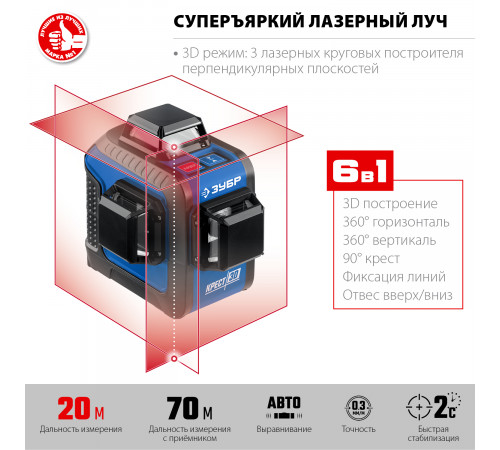 ЗУБР КРЕСТ 3D нивелир лазерный 3х360°, 20м/70м, точн. +/-0,3 мм/м