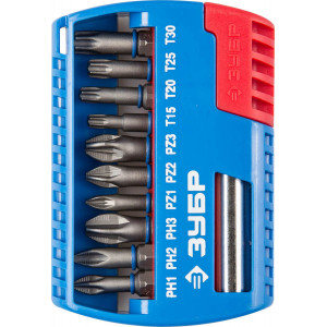 Набор ЗУБР: Биты с магнитным адаптером, Cr-Mo, PH1, PH2, PH3, PZ1, PZ2, PZ3, TORX 15,20,25,30, 11 предметов