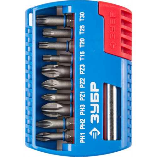 Набор ЗУБР: Биты с магнитным адаптером, Cr-Mo, PH1, PH2, PH3, PZ1, PZ2, PZ3, TORX 15,20,25,30, 11 предметов