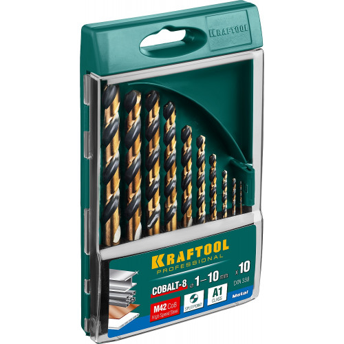 KRAFTOOL COBALT 10шт(1-10мм), Набор сверл по металлу HSS-Co(8%), сталь М42(S2-10-1-8)