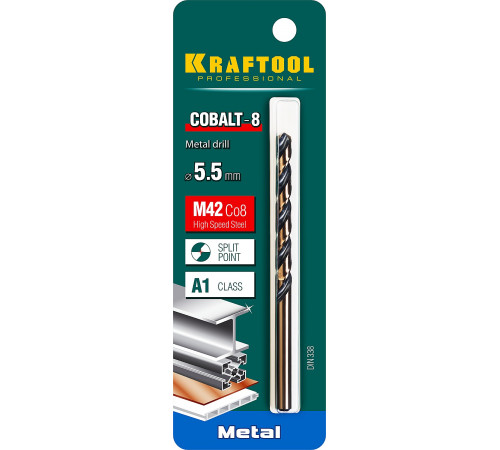 KRAFTOOL COBALT 5.5 х93мм, Сверло по металлу HSS-Co(8%) , сталь М42(S2-10-1-8)