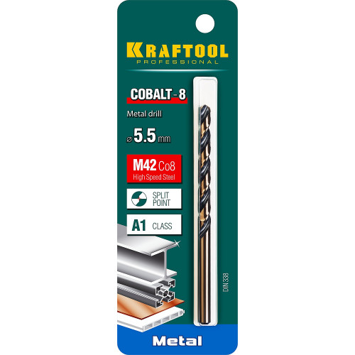 KRAFTOOL COBALT 5.5 х93мм, Сверло по металлу HSS-Co(8%) , сталь М42(S2-10-1-8)