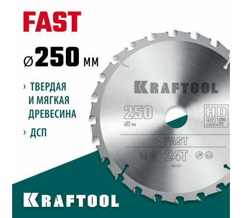 KRAFTOOL Fast 250х32мм 24Т, диск пильный по дереву