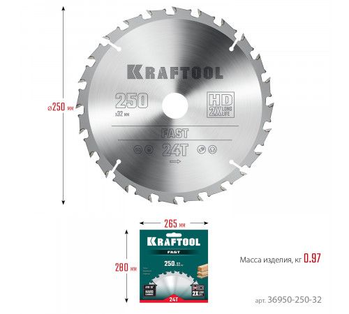 KRAFTOOL Fast 250х32мм 24Т, диск пильный по дереву