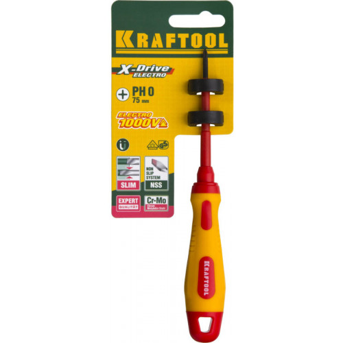 Отвертка KRAFTOOL, высоковольтная, Cr-Mo-V стержень, двухкомпонент. маслобензостойкая рукоятка, PH №0, 60мм