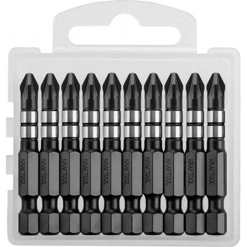 Биты KRAFTOOL Impact Pro, Pozidriv, тип хвостовика E 1/4″, PZ2, 50мм, 10шт, в пластиковом боксе
