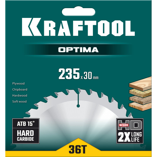 KRAFTOOL Optima 235х30мм 36Т, диск пильный по дереву