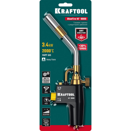 Газовая горелка Blue Fire KRAFTOOL KF-9000, с пьезоподжигом на баллон турбо нагрев + 30% 2000°C,  (55510)