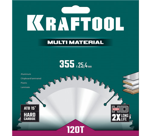 KRAFTOOL Multi Material 355х25.4мм 120Т, диск пильный по алюминию