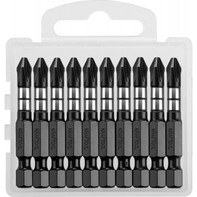 Биты KRAFTOOL Impact Pro, Philips, тип хвостовика E 1/4″, PH2, 50мм, 10шт, в пластиковом боксе