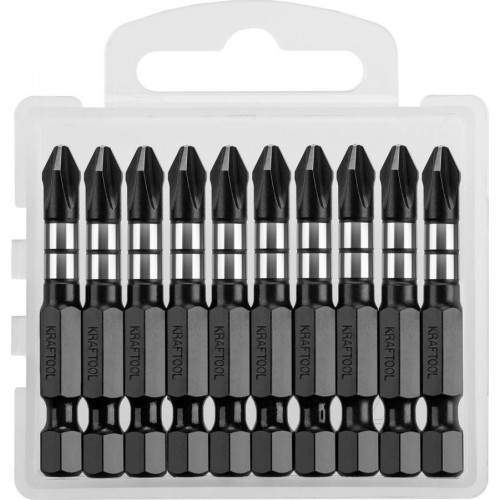 Биты KRAFTOOL Impact Pro, Philips, тип хвостовика E 1/4″, PH2, 50мм, 10шт, в пластиковом боксе