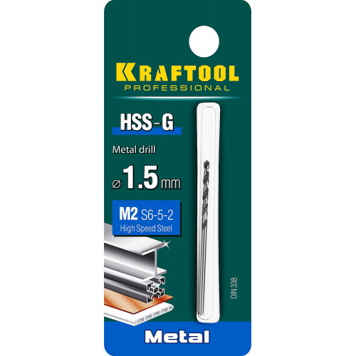 KRAFTOOL HSS-G 1.5 х43мм, Сверло по металлу HSS-G, сталь М2(S6-5-2)