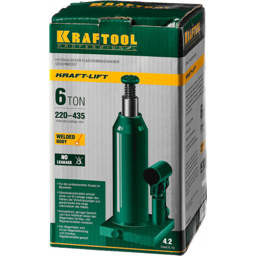 KRAFTOOL KRAFT-LIFT 6т, 219-427мм домкрат бутылочный гидравлический, KRAFT BODY
