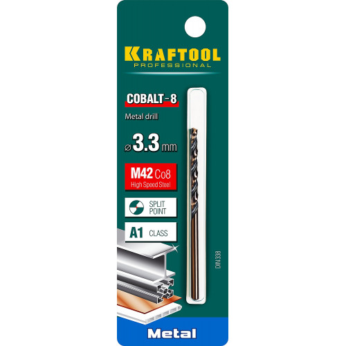 KRAFTOOL COBALT 3.3 х65мм, Сверло по металлу HSS-Co(8%) , сталь М42(S2-10-1-8)