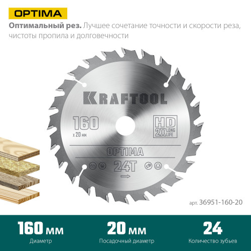 KRAFTOOL Optima 160х20мм 24Т, диск пильный по дереву