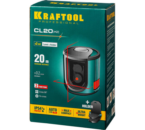 KRAFTOOL CL 20 #2 нивелир лазерный, 20м, IP54, точн. +/-0,2 мм/м, держатель