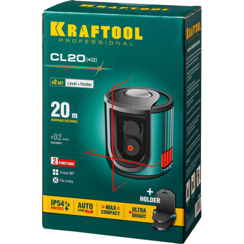 KRAFTOOL CL 20 #2 нивелир лазерный, 20м, IP54, точн. +/-0,2 мм/м, держатель