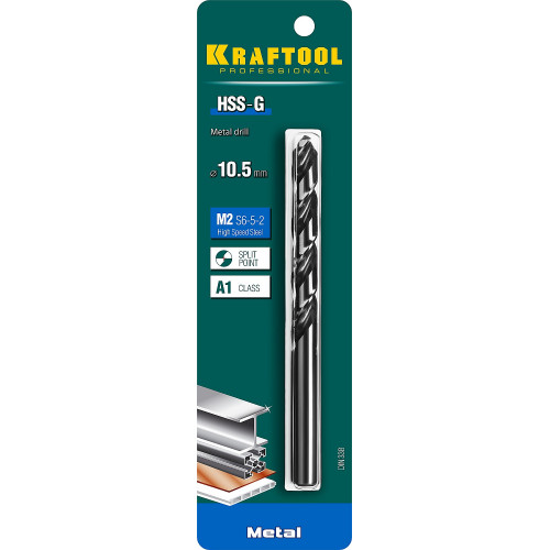 KRAFTOOL HSS-G 10.5 х133мм, Сверло по металлу HSS-G, сталь М2(S6-5-2)